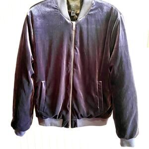 NWT Forever 21 Men’s Large Velour Bomber Jacket Gray Blue Zip Ribbed Trim